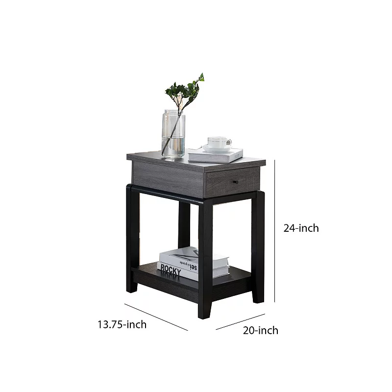 Wooden Chairside Table With Bottom Shelf， Distressed Gray And Black