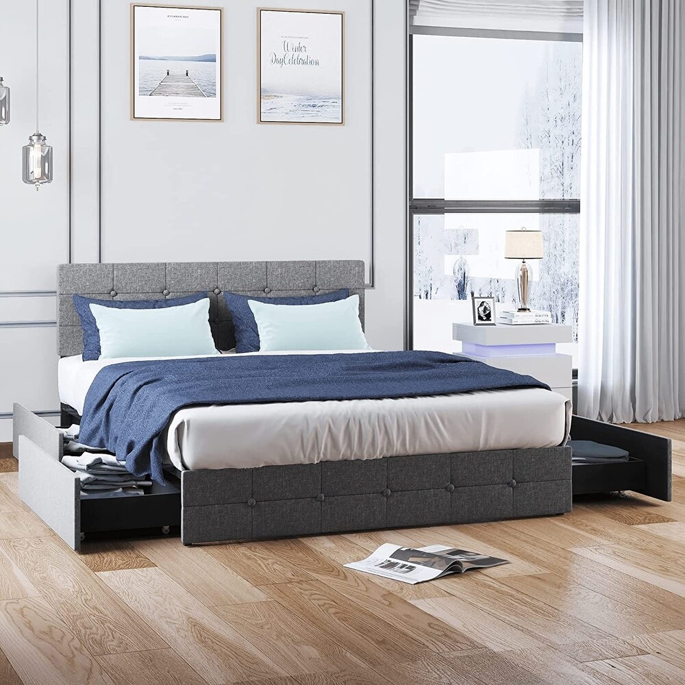 Mixoy Platform Bed Frame  Upholstered and Button Tufted Headboard Square Stitched  4 Storage Drawers