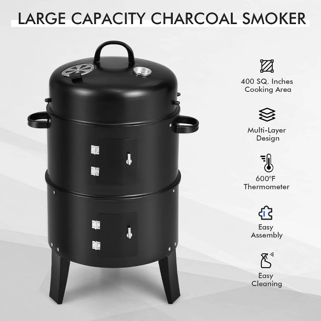 Costway3 in 1 Vertical Charcoal Smoker Portable Bbq Smoker Grill With Detachable 2 Layer