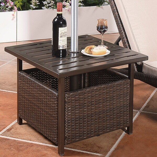 Rattan Wicker Side Table Outdoor Furniture Deck Umbrella Table Brown