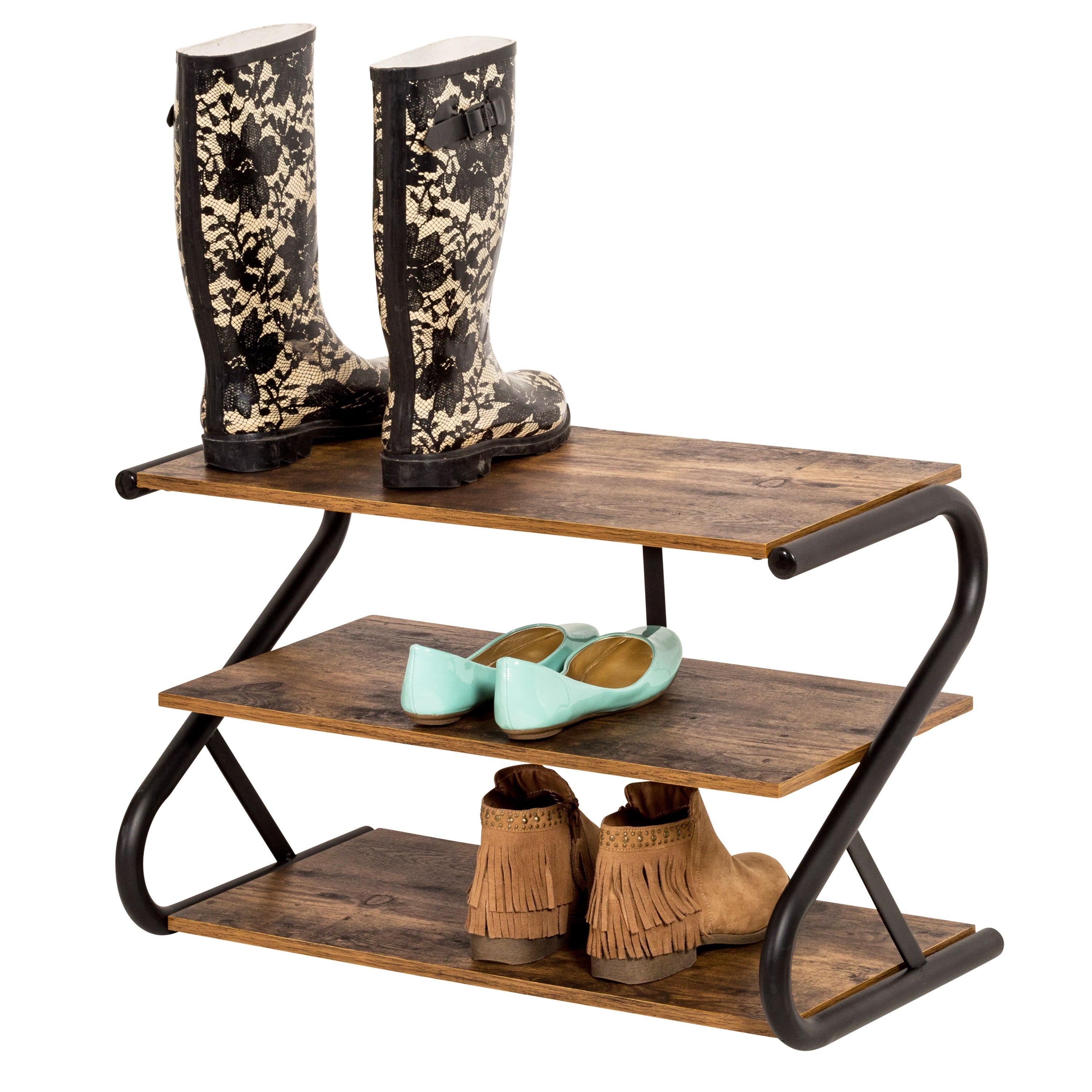 Honey Can Do 3-Shelf Z-Frame Wooden Shoe Rack with Matte Black Metal