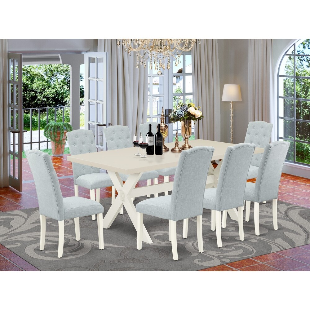 East West Furniture Table Set  a Table with X Legs and Baby Blue Linen Fabric Upholstered Chairs  Off White(Pieces Options)