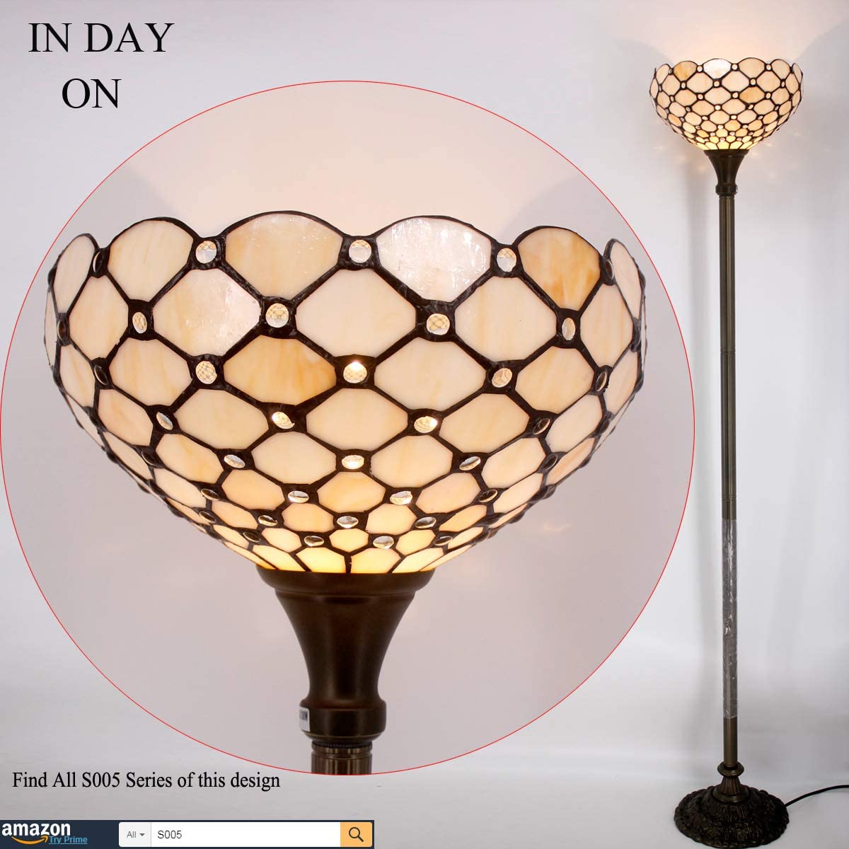 BBNBDMZ Tiffany Floor Lamp Cream Amber Stained Glass Bead Light 12X12X66 Inches Pole Torchiere Standing Corner Torch Uplight Decor Bedroom Living Room  Office (LED Bulb Included) S005 Ser