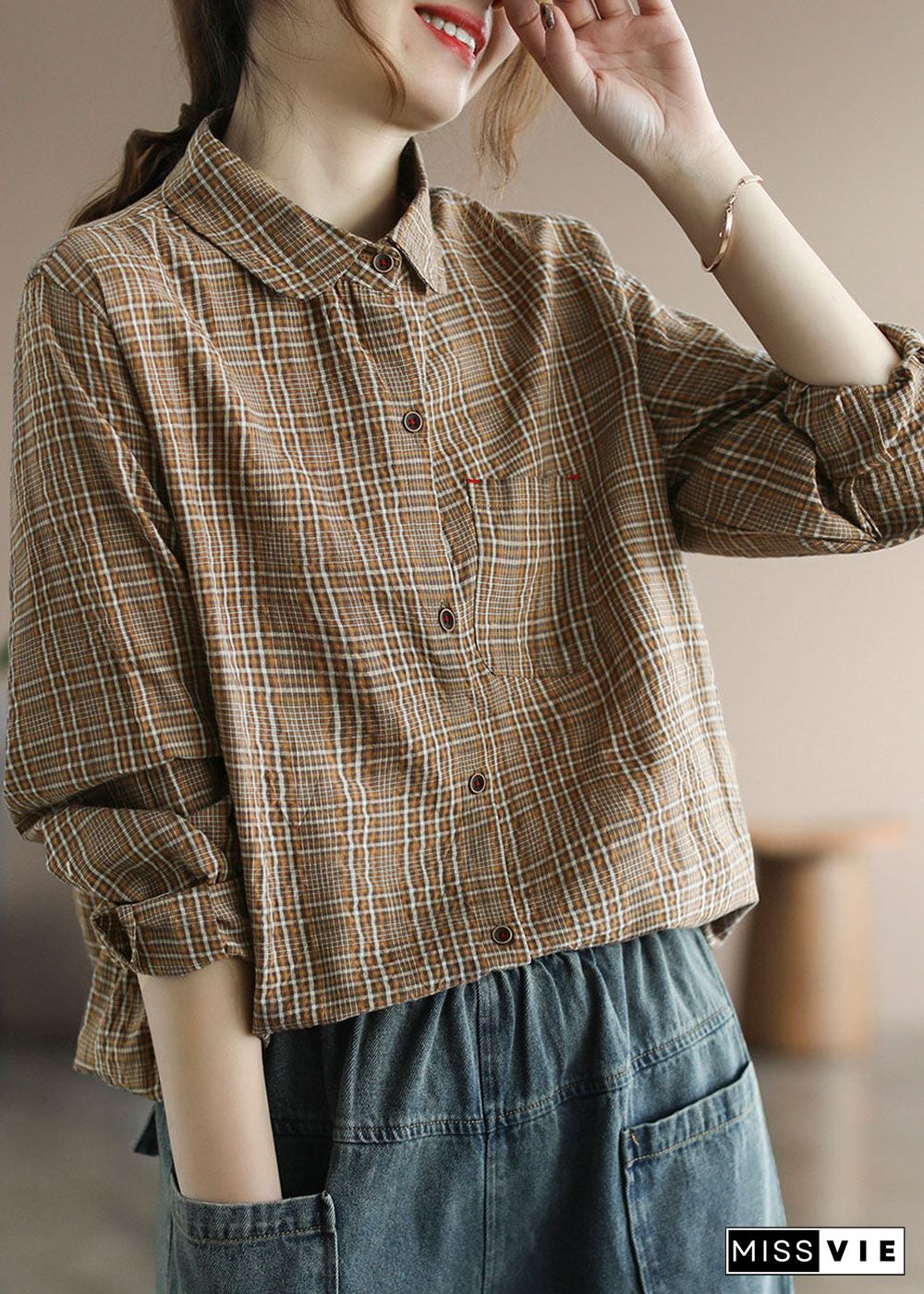 Chocolate Plaid Cotton Shirt Tops pocket Long Sleeve