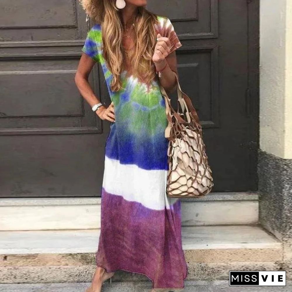 Fashion V-Neck Short Sleeve Tie Dye Loose Vacation Dress