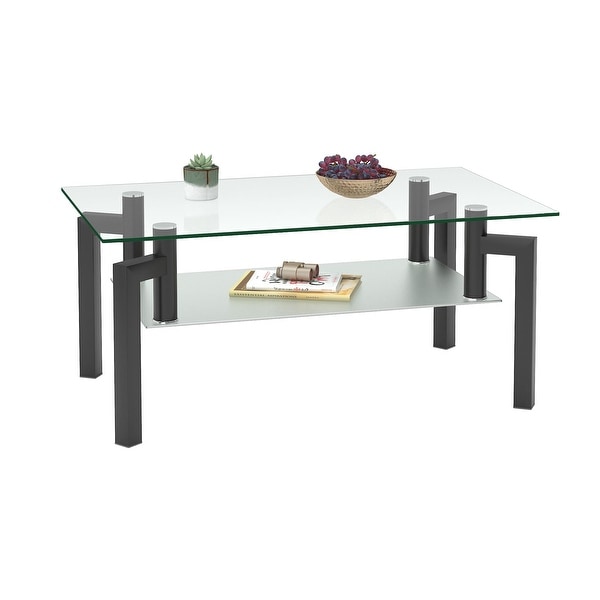 Rectangle Coffee Table 2-Tier Storage Side Table Black Tempered Glass Tabletop Center Table with Metal Tube Legs