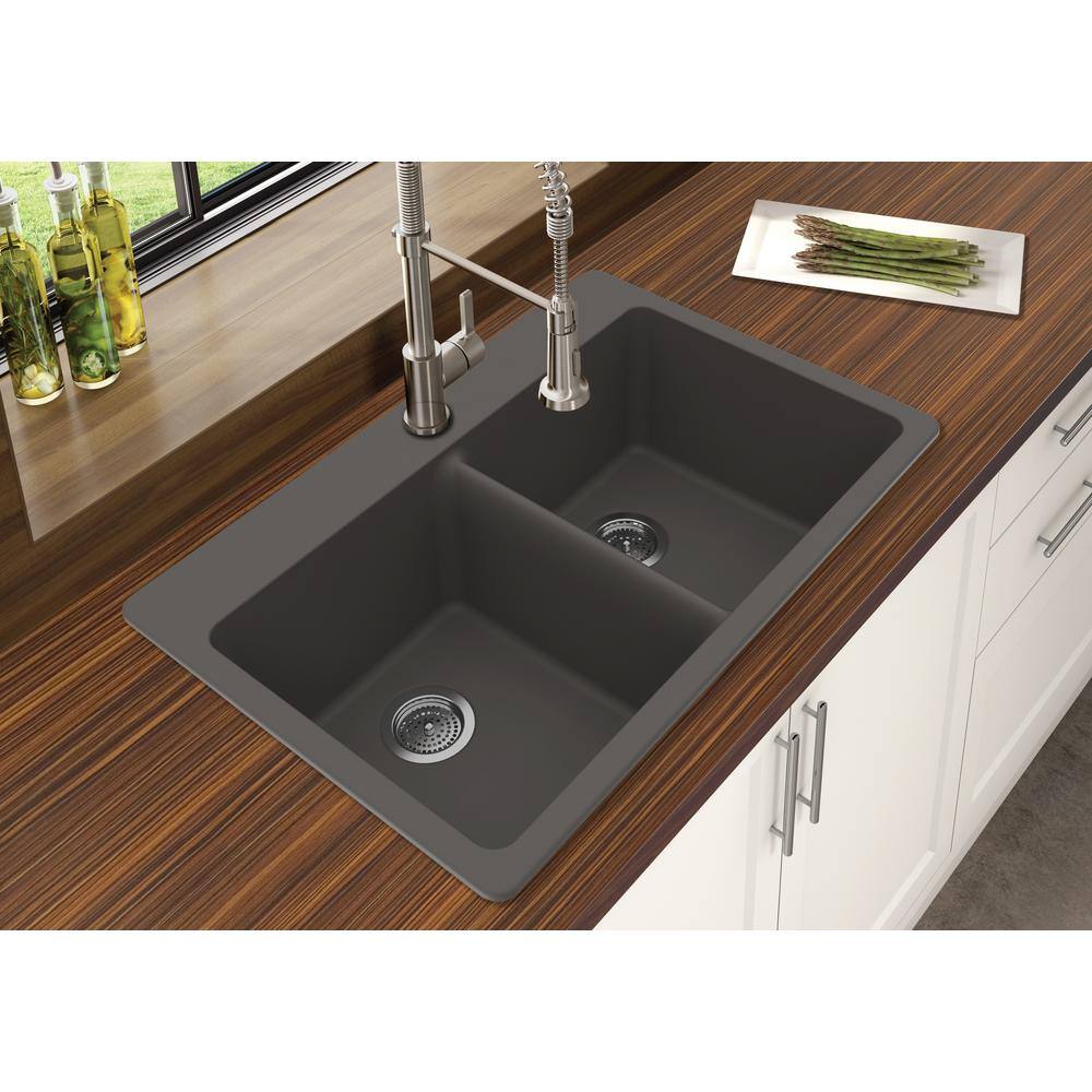 Winpro Dual Mount Granite Composite 33 in. L x 22 in. L x 9.5 in. 0-5 Faucet Holes Double Equal Bowl Kitchen Sink in Gray WGDGR603