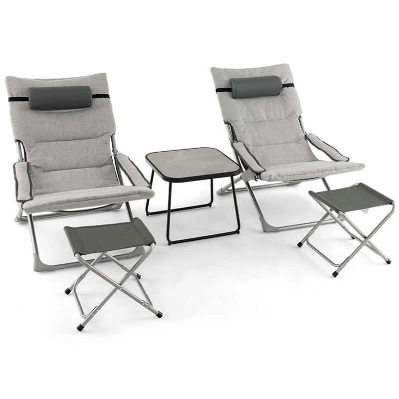 5-Piece Patio Sling Chair Set Folding Lounge Chairs with Footrests and Coffee Table-Grey