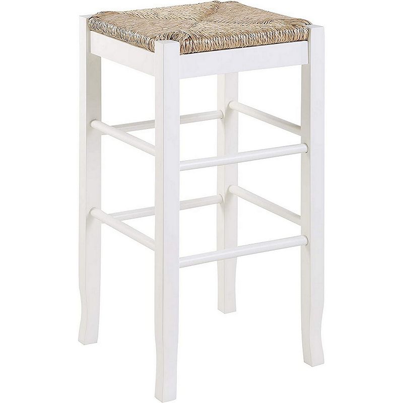 Square Wooden Frame Barstool with Hand Woven Rush， White and Brown