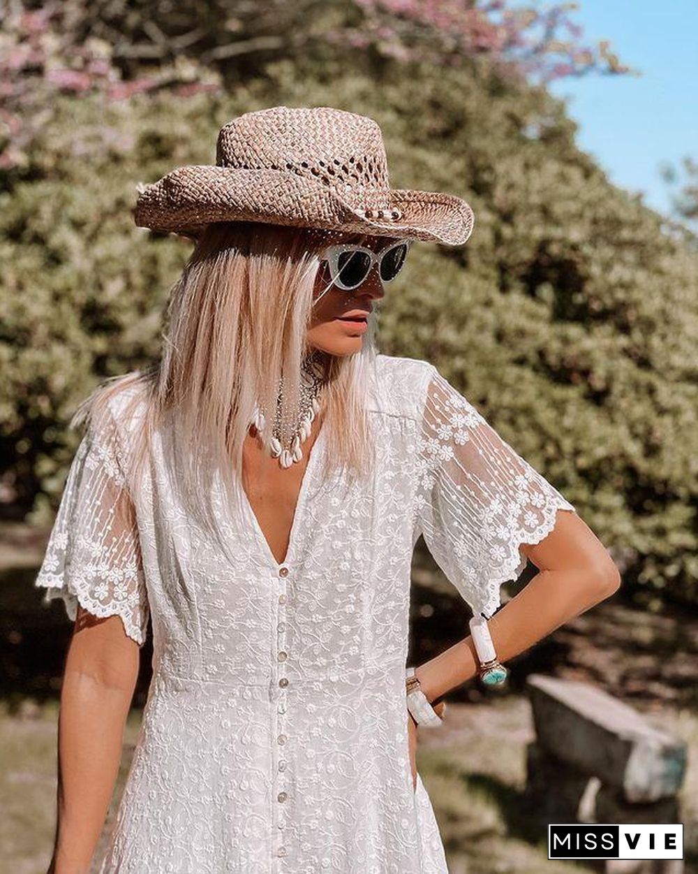 Slim Floral White Lace Dress