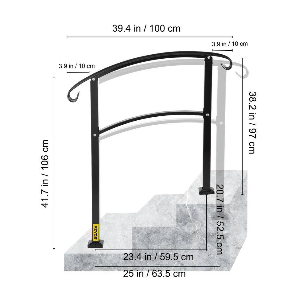 VEVOR 3 ft. Handrails for Outdoor Steps Fits 2 or 3 Steps Stair Rail Wrought Iron Handrail Matte Black LTFS3BHSLG0000001V0