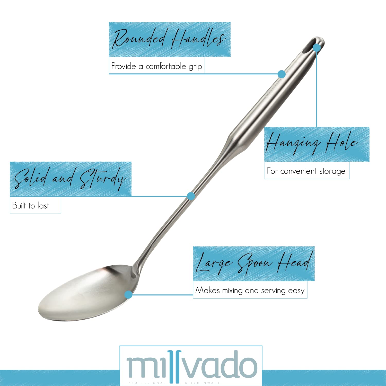 Stainless Steel Big Cooking Spoon, Kitchen Spoon Good for Cooking, Basting, Serving, Dishwasher Safe Metal Utensil, Durable, Solid Construction; 15" Long