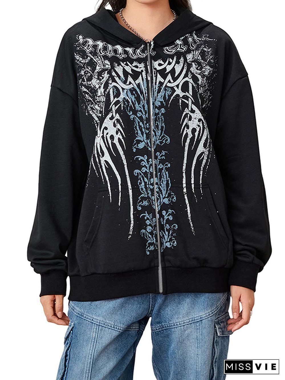 Gothic Print Zip Up Oversized Hoodie