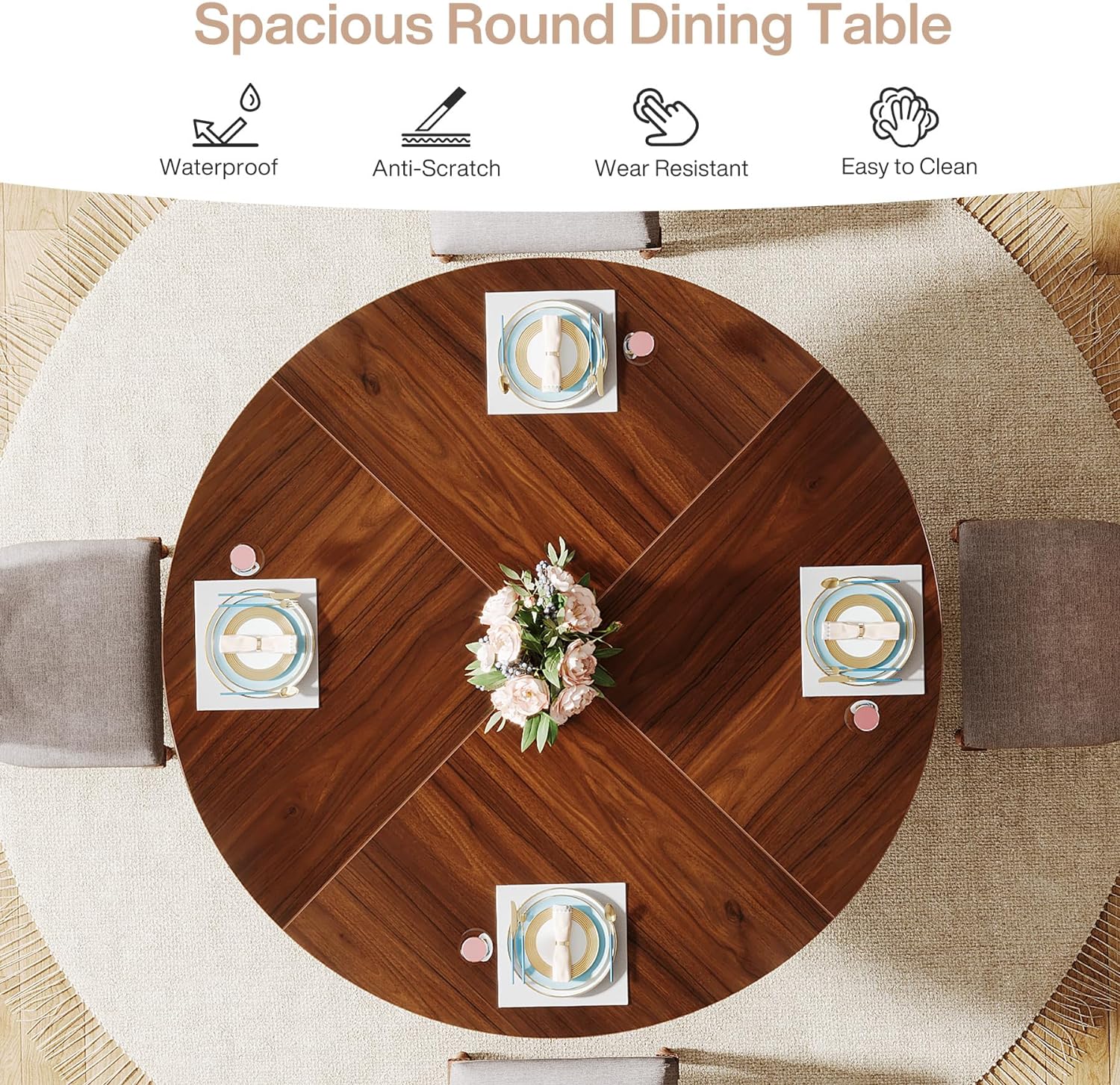 47-Inch Dining Table, Wood Round Kitchen Table for 4-6