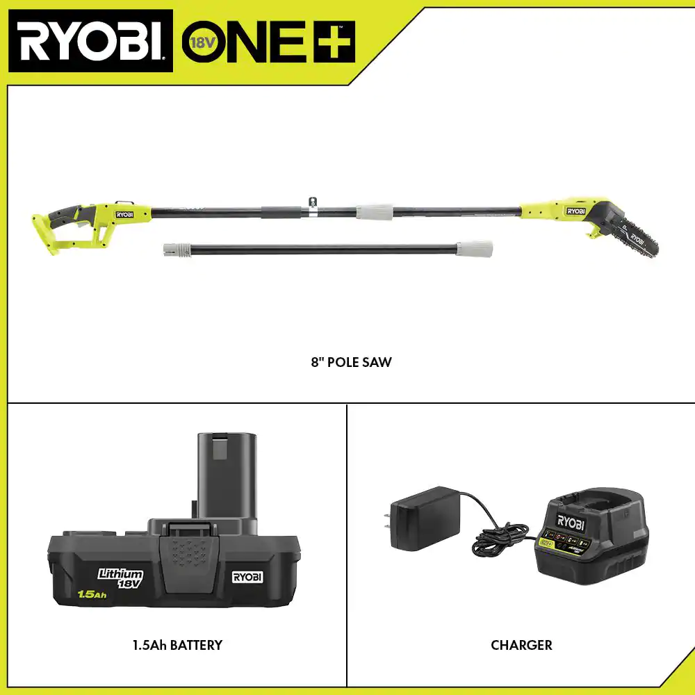 RYOBI P2510 ONE+ 18V 8 in. Cordless Oil-Free Pole Saw with 1.5 Ah Battery and Charger