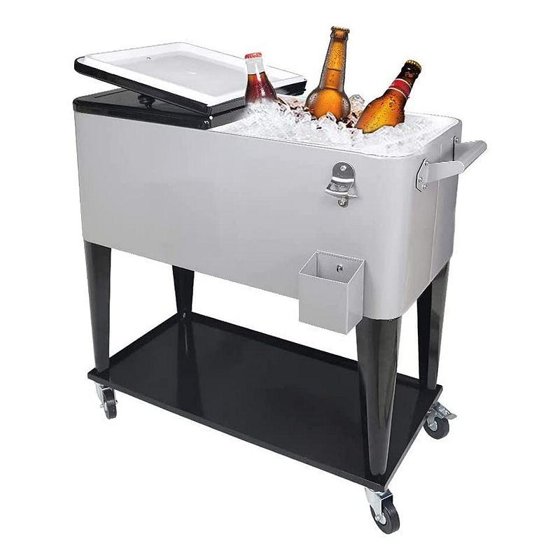 JOMEED 80 Quart Rolling Cooler Cart Ice Chest w/ Drain and Bottle Opener， Silver