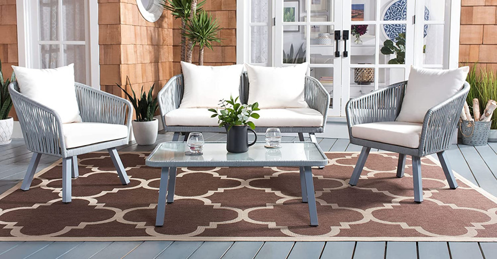 4 Pieces Patio Set  Glass Coffee Table With Padded Chairs  ampBench   Industrial   Coffee Tables   by Declusia  Houzz