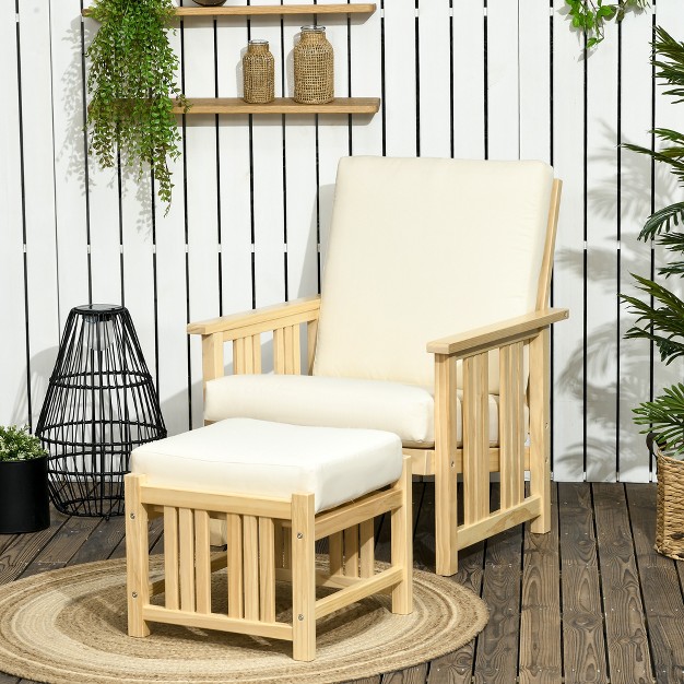 Outsunny Patio Furniture Set Wood Outdoor Patio Chair With Ottoman 2 Piece Cushioned Outdoor Lounge Chair Sofa Chair With Footrest Beige