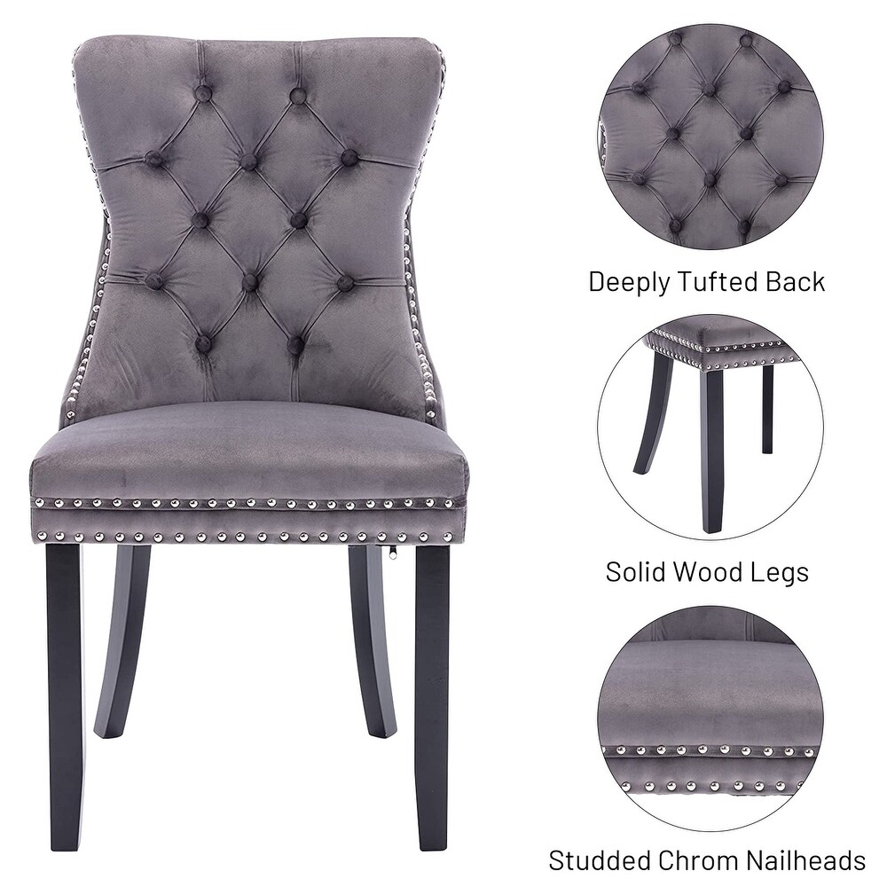 Set of 2 Velvet Dining Chairs Tufted Solid Wood Armless Chairs Accent Chair with Nailhead Trim and Back Ring Pull