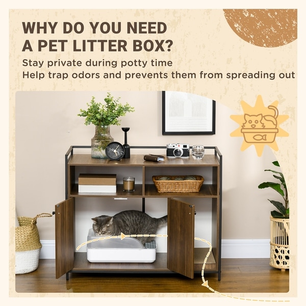 PawHut Hidden Cat Litter Box Enclosure with Scratching Pad， Cat Washroom Storage Bench Side End Table with Double Doors