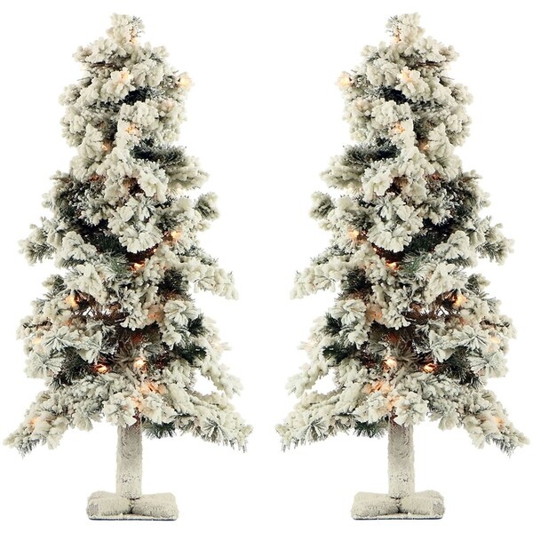 Fraser Hill Farm 6.0Ft Snowy Alpine Snow Flocked Christmas Tree with Lifelike Trunk Base and Clear Lights，Set of 2