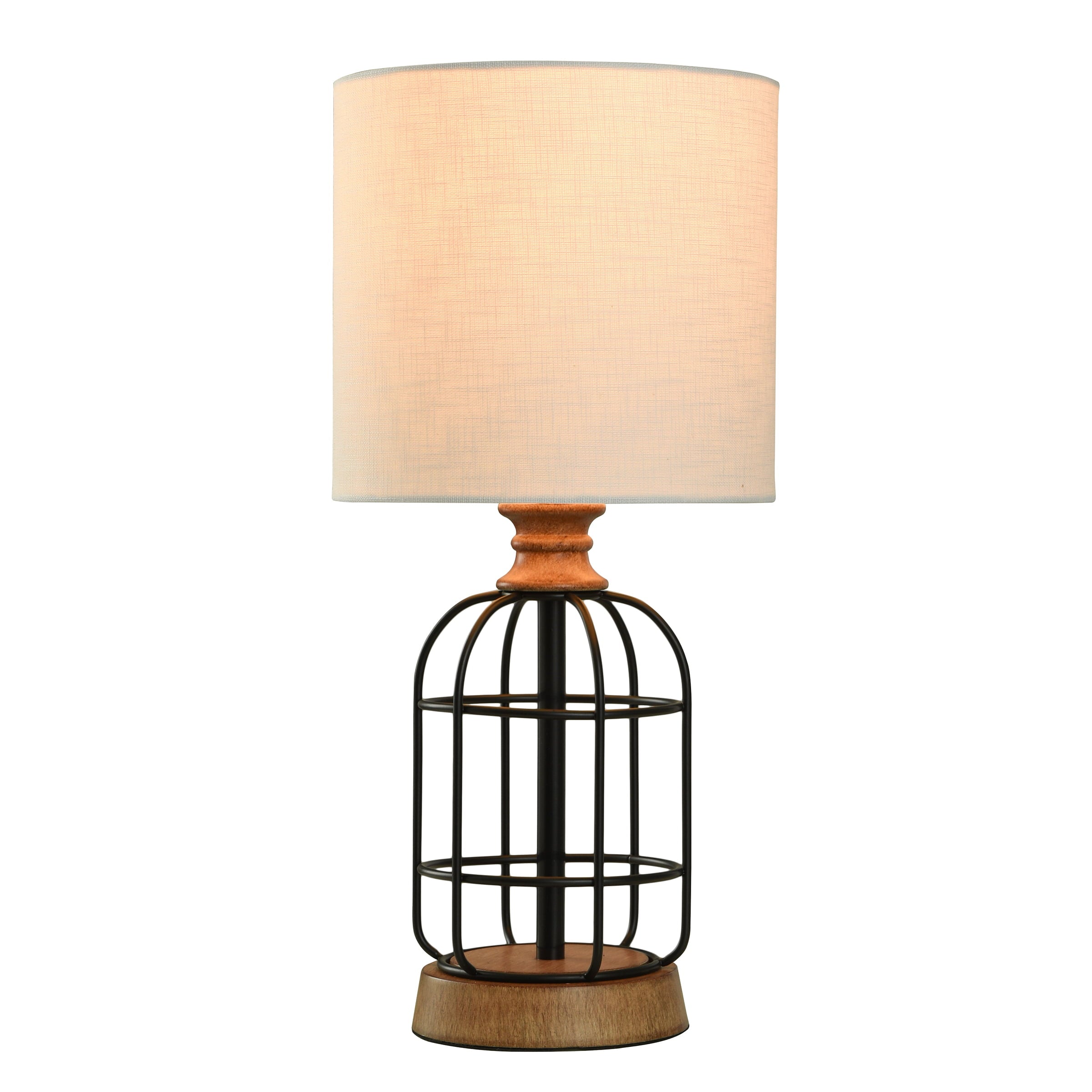 Mainstays Black Metal Cage Table Lamp with Wood Accents and Drum Shade, 17