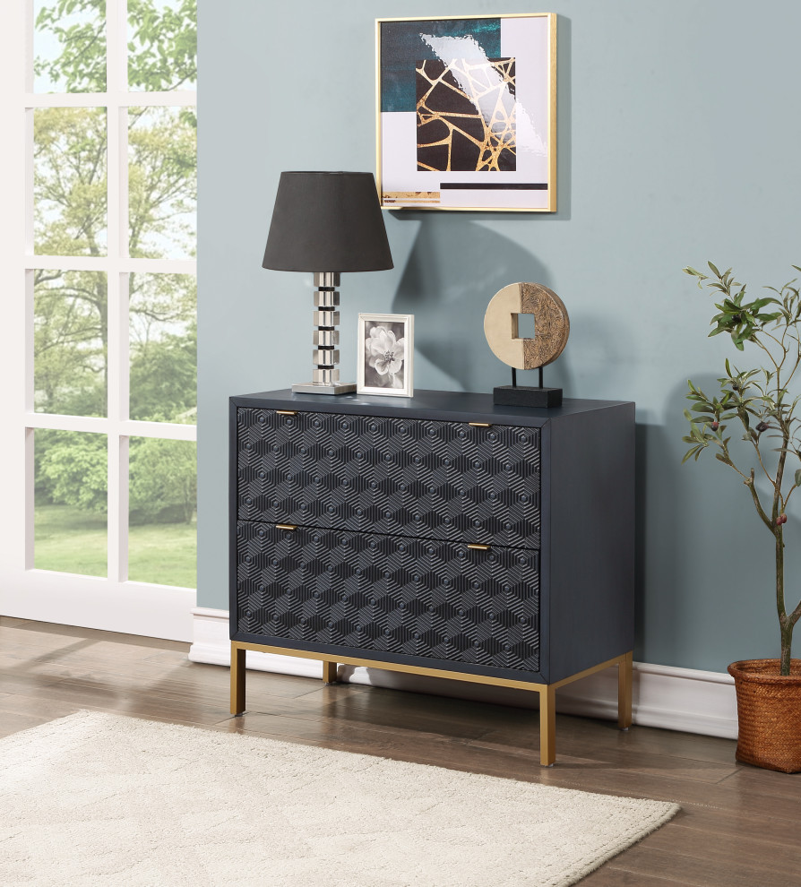 Tessa 2 Drawer Storage Accent Chest With Raised Geometric Pattern Black and Gold   Contemporary   Accent Chests And Cabinets   by Coast to Coast Imports  LLC  Houzz