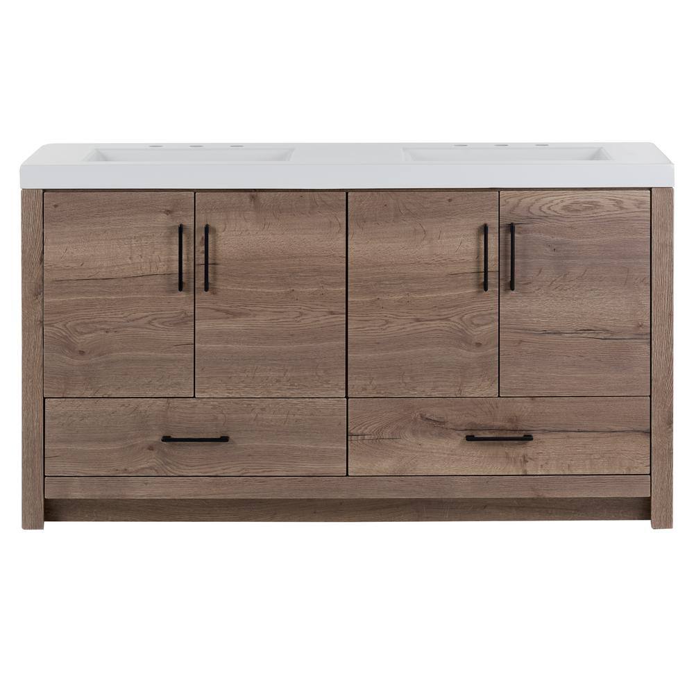 Home Decorators Collection Radien 60.5 in. W x 18.75 in. D x 34.14 in. H Bath Vanity in Halifax Oak with White Cultured Marble Top RN60P2-HO