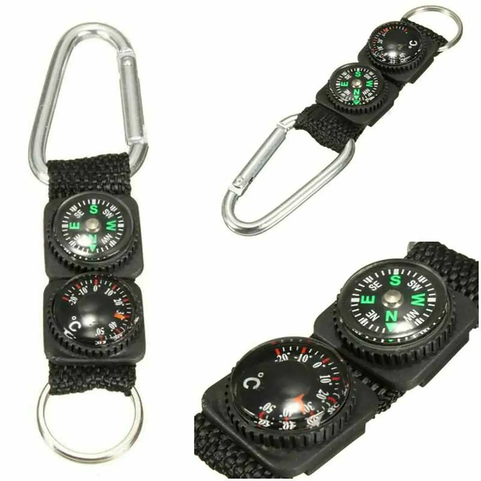 Outdoor Camping Hiking Survival Buckle Keychain Compass Thermometer Carabiner Climbing Hook Portable Safety Survival Tools