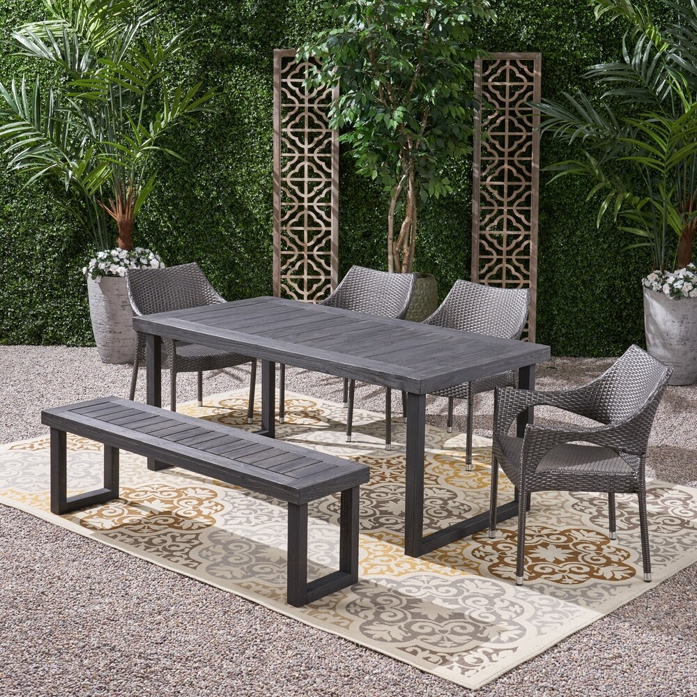 Lecanto Outdoor Aluminum Dining Set with Wicker Chairs and Bench by Christopher Knight Home