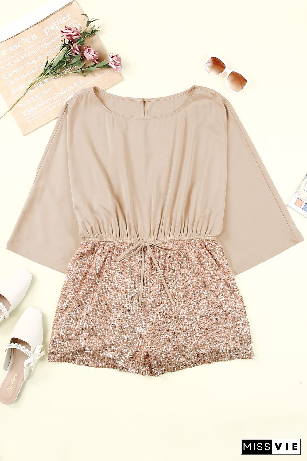 Khaki Sequin Patchwork Drawstring High Waist Romper