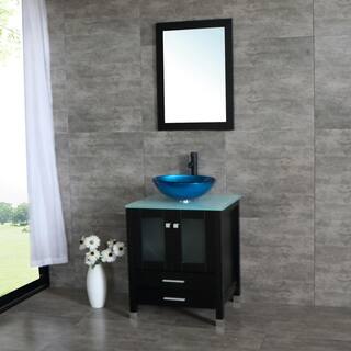 walsport 24 in. W x 21.7 in. D x 29.5 in. H Single Sink Bath Vanity in Black with Glass Top and Mirror USBR4181+USBR1003