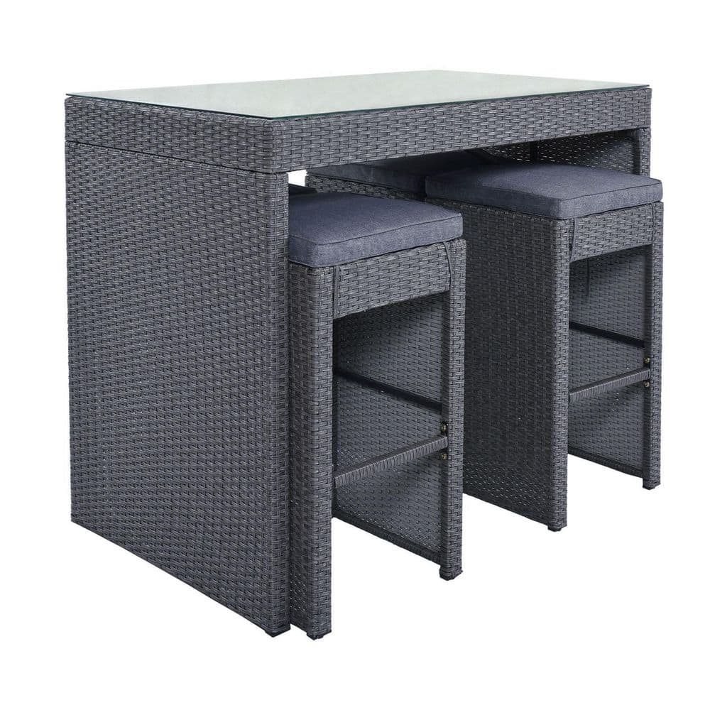 Tunearary 5-Piece Gray Wicker Patio Bar Furniture Set Outdoor Dining Table Set 4 Stools with Gray Cushion SH000238AAEHZP