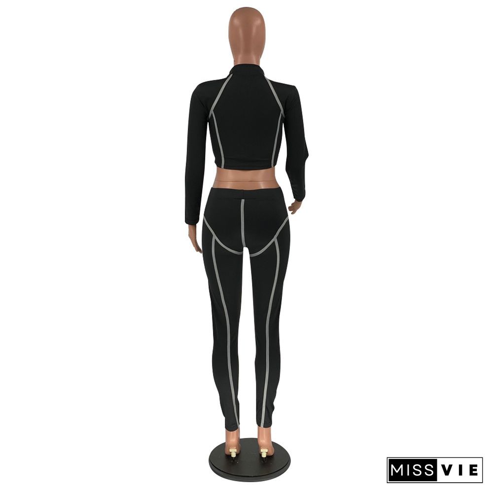 Fitness Reflective Strip Crop Tops Bodycon 2 Piece Pants Set