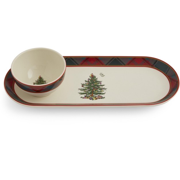 Spode Christmas Tree Tartan 2 Piece Chip And Dip Platter 13 X 5 Inch dip Bowl 3 75 Inch