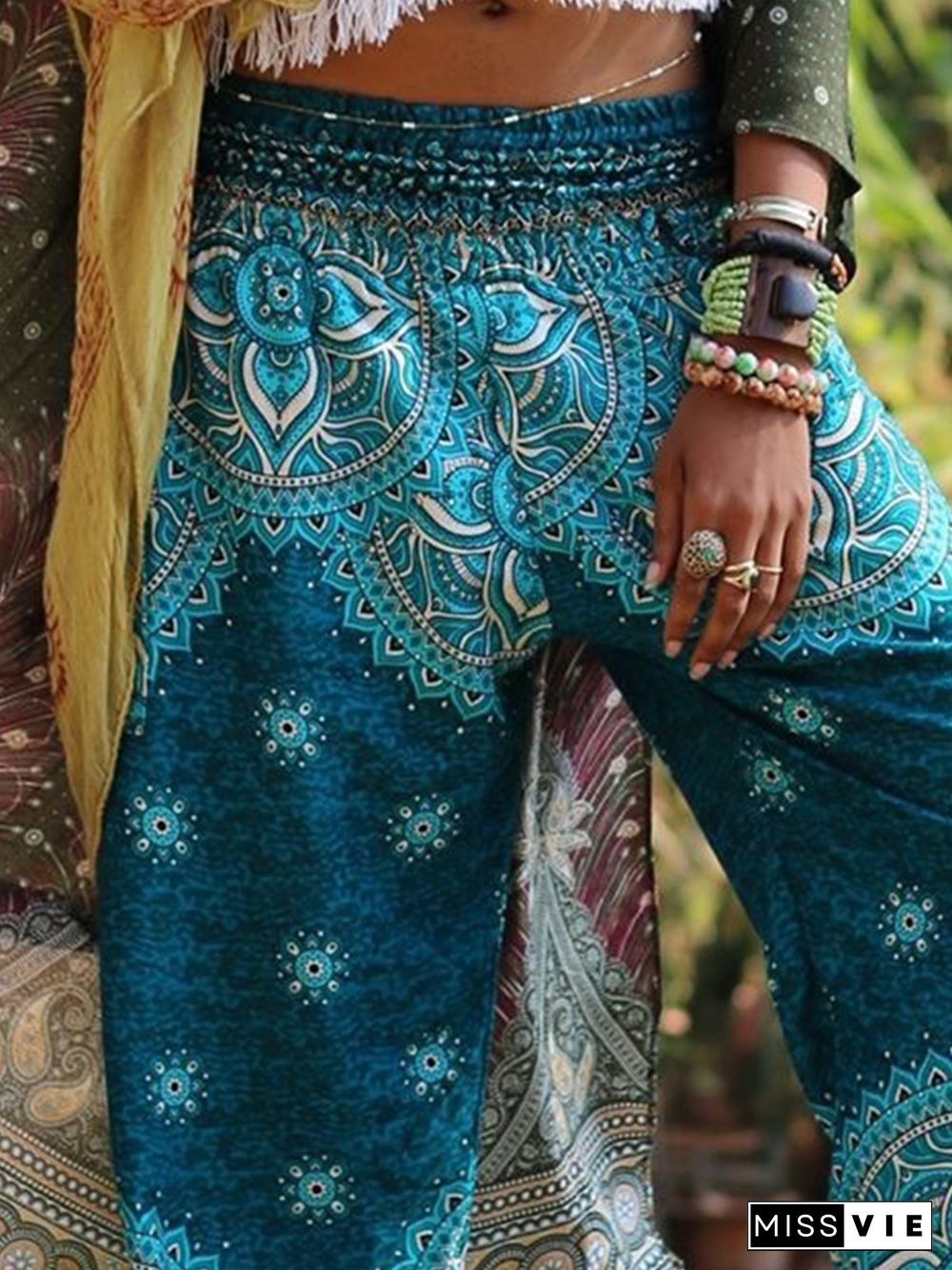 Vintage Boho Geometric Floral Printed Plus Size Casual Pants