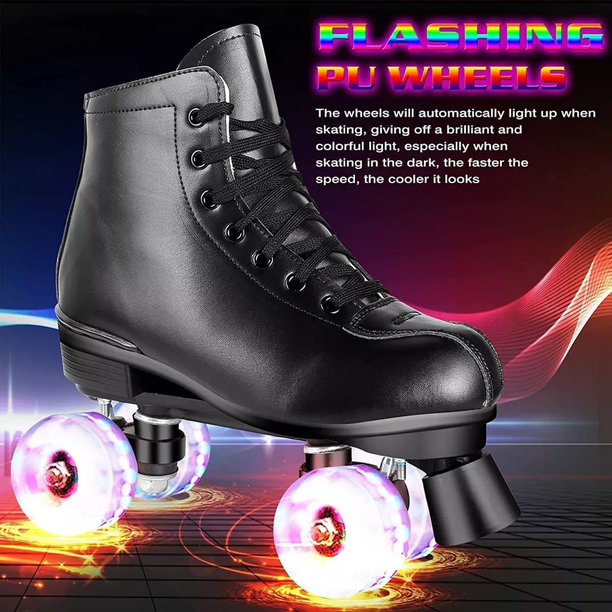 Black Roller Skates， High-Top Design， Leather Roller Artistic with Double-Row Shiny Wheels for Women and Men， Size 9.5