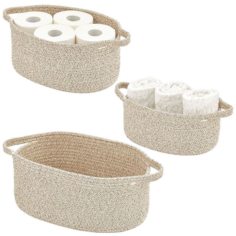 mDesign Casual Cotton Rope Woven Bathroom Storage Basket with Handles， Set of 3