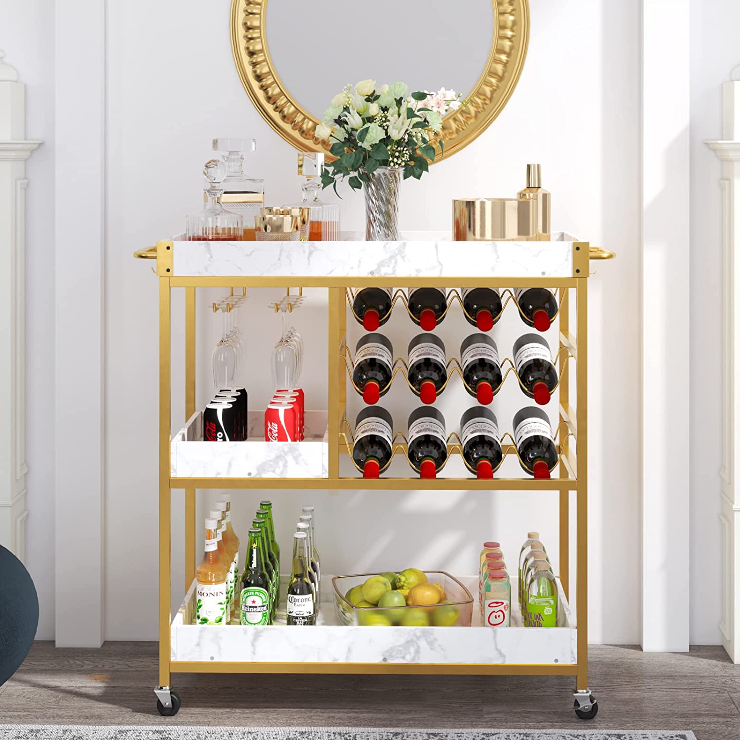 Catrimown Bar Cart Gold， Bar Carts for The Home with 12 Bottle Wine Rack and Wine Glasses Holder， Home Bar Serving Carts with Gold Handle for Kitchen Dining Room