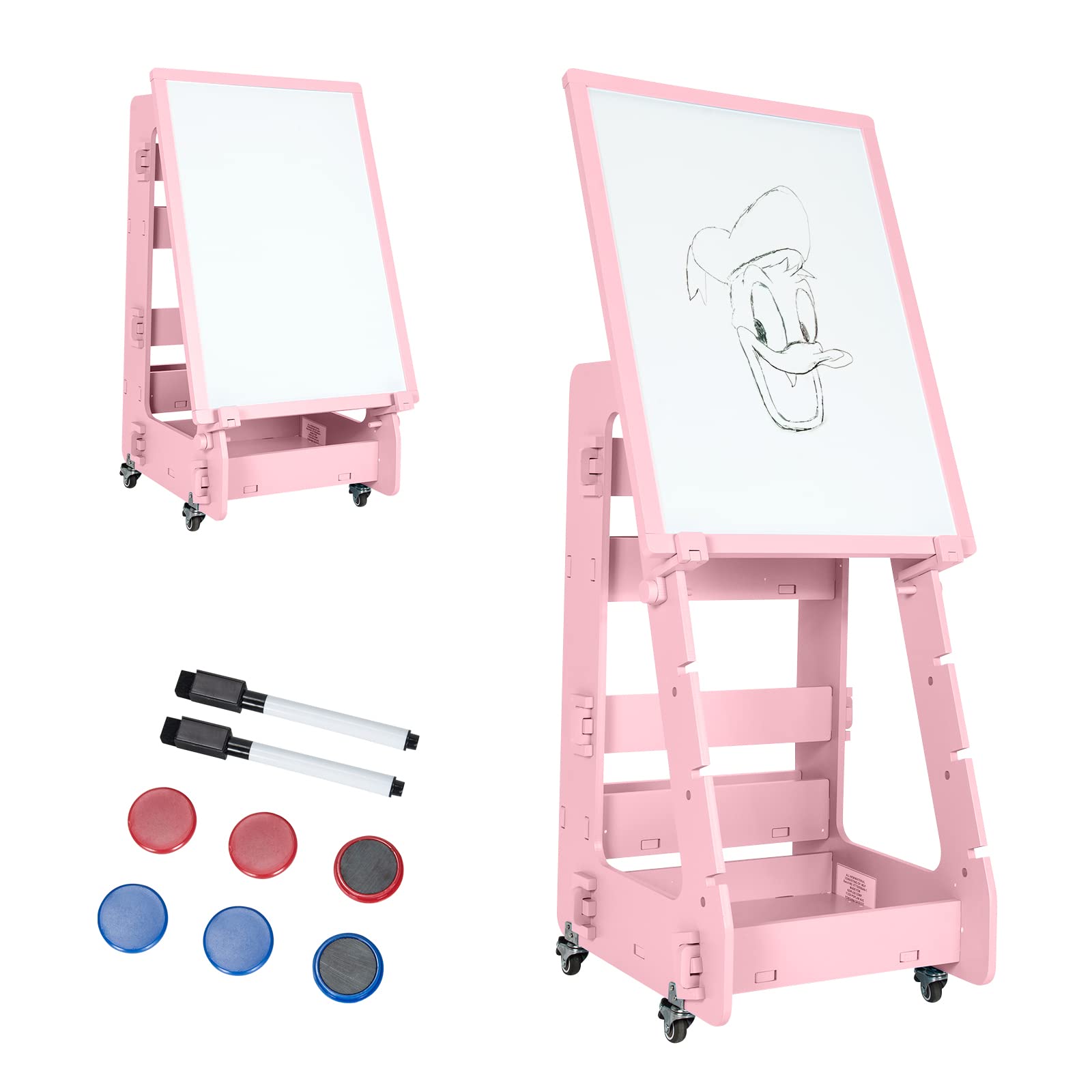 Costzon Kids Art Easel with Lockable Wheels, Height Adjustable Magnetic Removable Painting Board with Storage