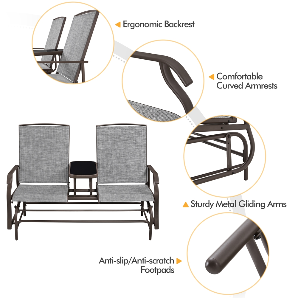 Topeakmart 2-Seater Outdoor Glider Bench with Tempered Glass Tabletop Texteline Fabric and Steel Construction, Gray