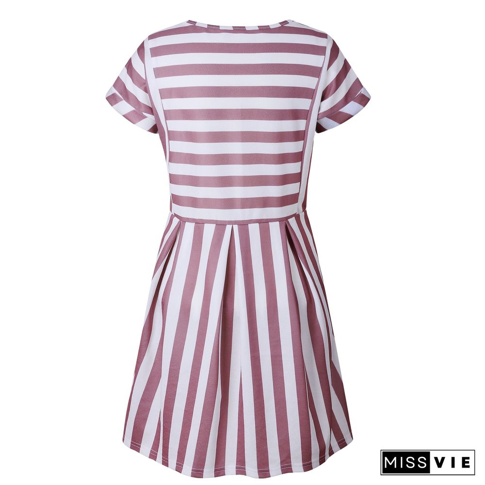 Slimming High Waisted Striped Short Sleeve Swing Dress