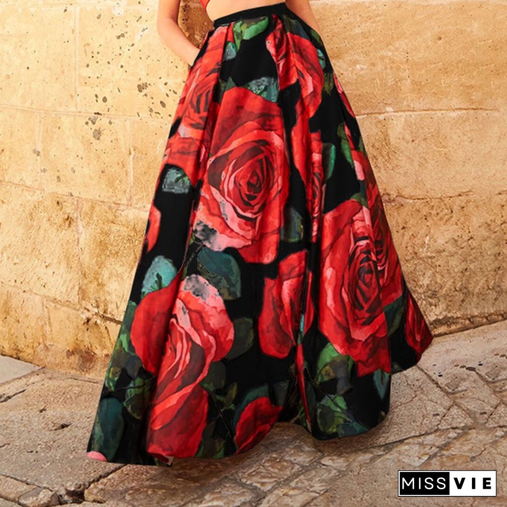 Women Floral Print Long Skirt Swing Dress High Waist Pleated Party Casual Umbrella Maxi Skirt Plus Size