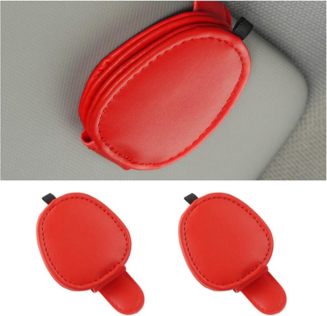 2 Pcs Sunglass Holder For Car， Magnetic Leather Eyeglass Mount Ticket Card Clip， Universal Car Visor Organizer Interior Accessories (red)