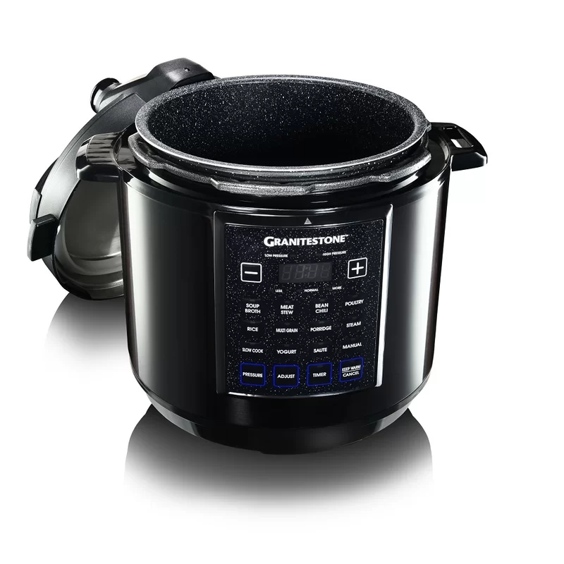 GRANITESTONE 2590 6 Qt. Black Electric Triple Layer Titanium Coating Multi-Pressure Cooker with Built-In Timer and Pre-Settings