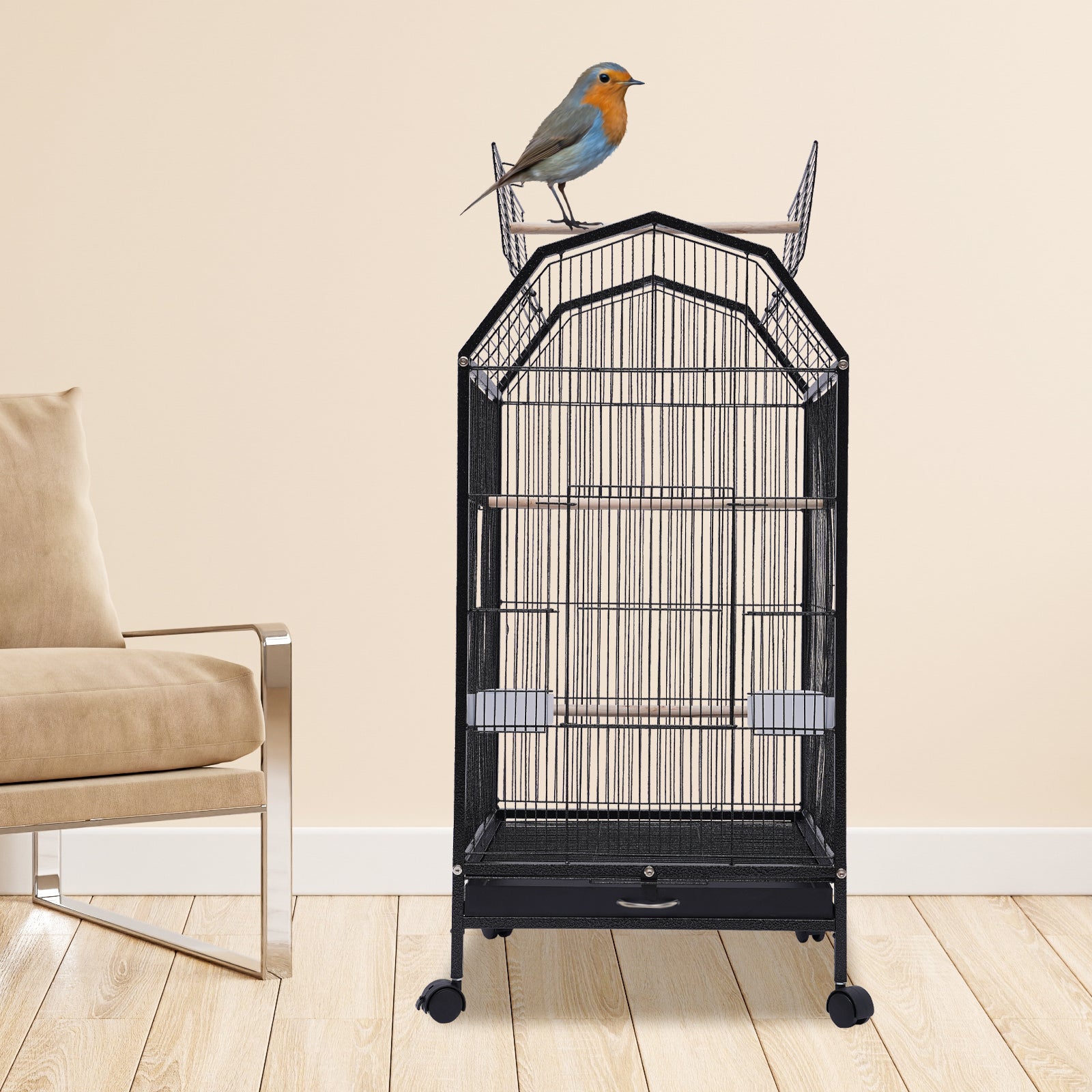 Miumaeov Parakeet Bird Cage with Stand Metal Pet Bird Flight Cages Large Finch Bird Cage for Conure Canary Parakeet Macaw Finch Cockatoo Budgie Cockatiels Parrot Pet House， Black