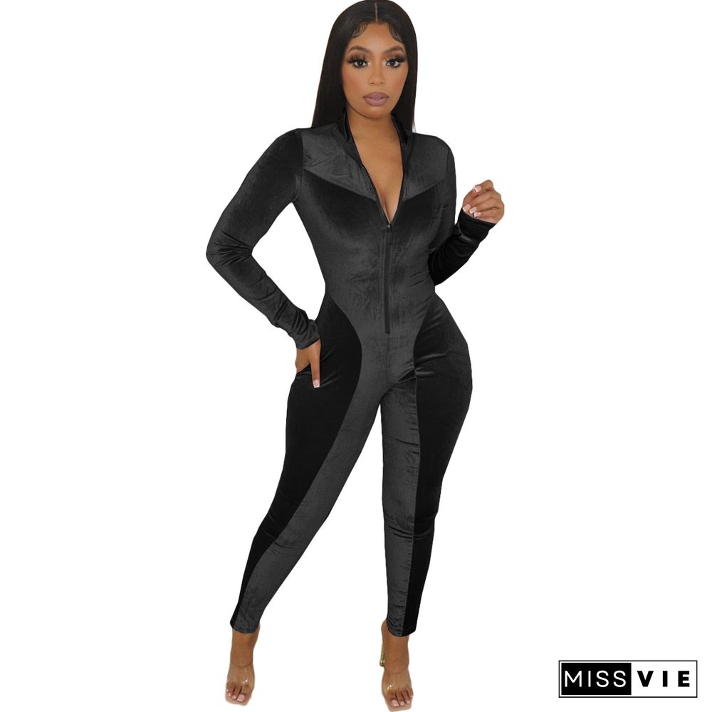 Velvet Patchwork Front Zipper Bodycon Jumpsuit