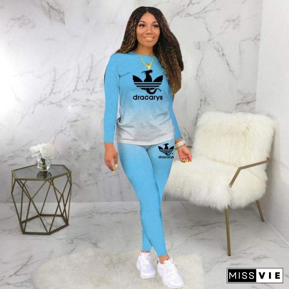 Two Piece Set Women Tracksuit Casual Cotton Gradient Print Long Sleeve Pullover T-shirts Top and Pants Sweatsuit Outfits