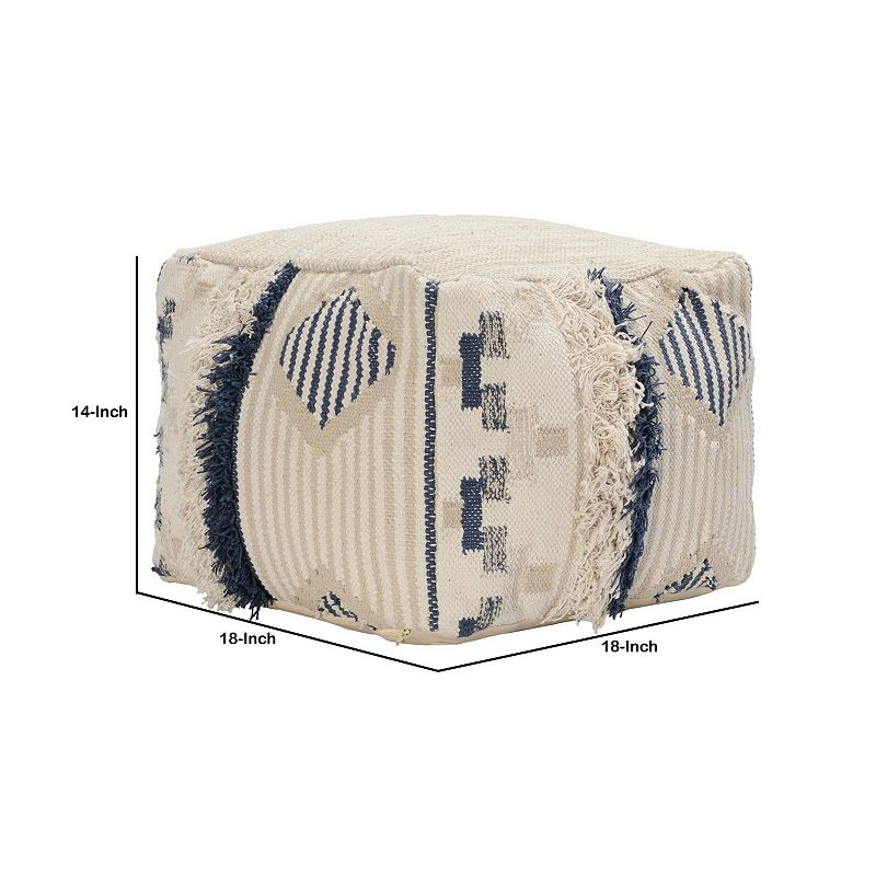 Fabric Pouf Ottoman with Woven Design and Fringe Details， Cream and Blue