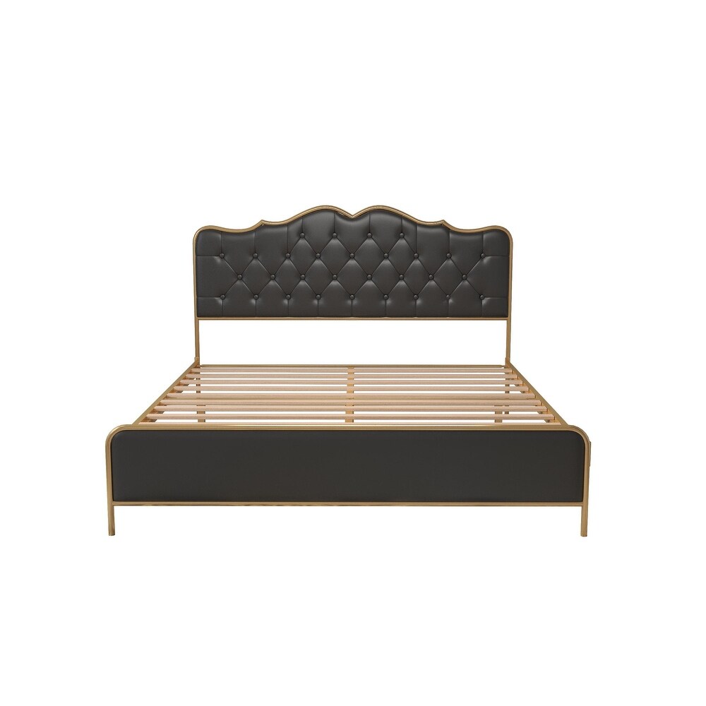Full Size Black Bed   Elegant Buckle Shaped Backrest  High Quality Soft Leather  Gilded Steel Frame  Solid Wood Ribs